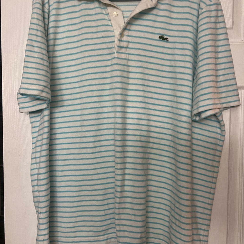 Lacoste Men's Light Blue and White Striped Polo Shirt